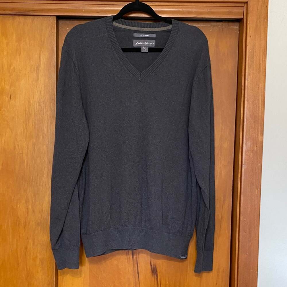 Eddie Bauer Men's Dark Gray V-Neck Sweater Cotton Merino Blend
